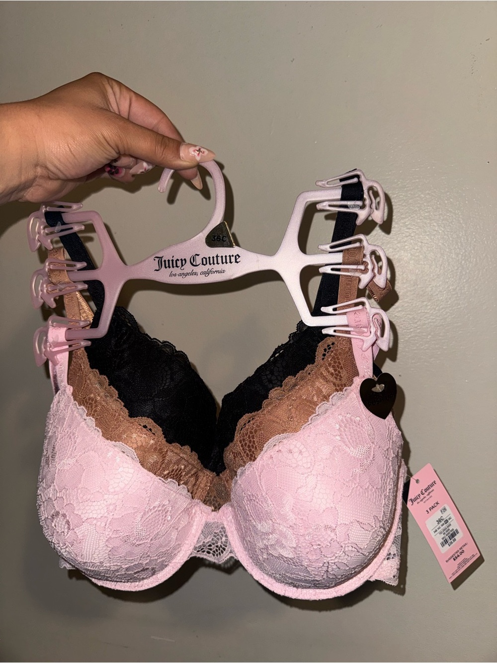 Juicy Couture Lace Bra Set in Pink, Brown & Black